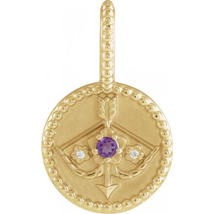 Natural Amethyst & Diamond Sagittarius Charm Pendant in 14k Gold