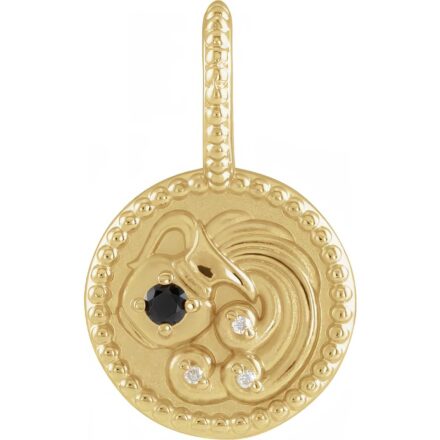 14k Gold Natural Black Spinel & Diamond Aquarius Charm Pendant