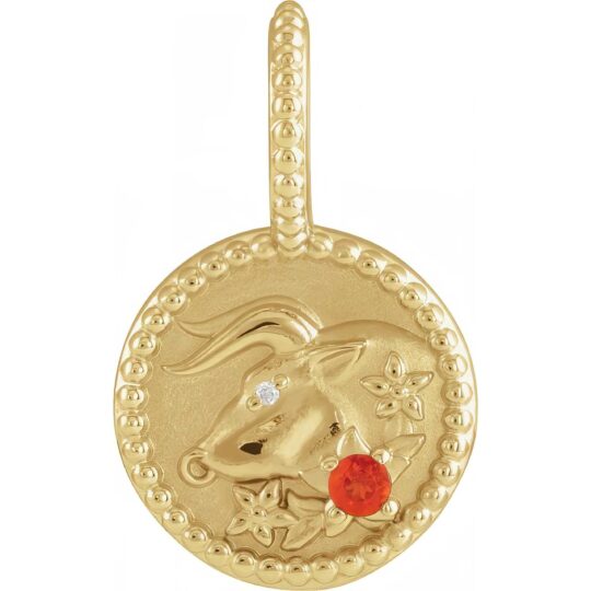 Natural Mexican Fire Opal & Diamond Taurus Charm Pendant