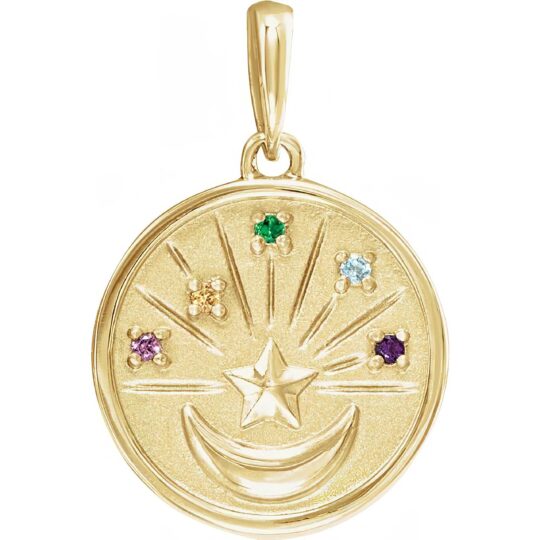 14k Gold Petite Multi Gemstone Celestial Coin Pendant